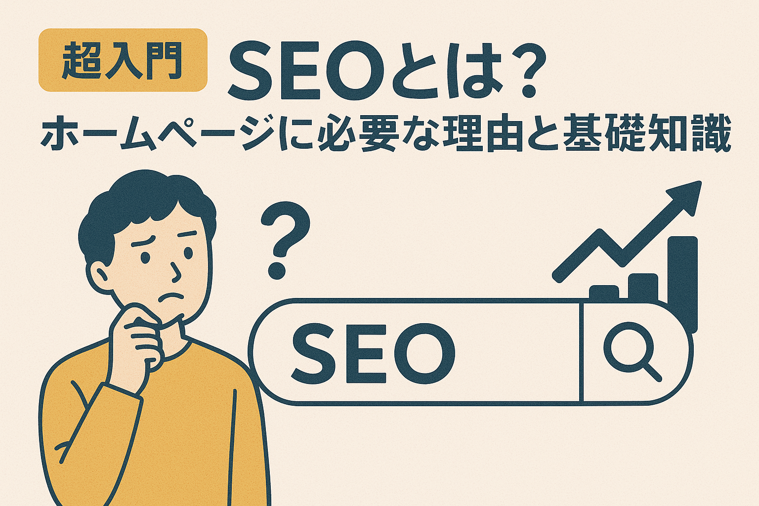 【超入門】SEOとは？ ホームページに必要な理由と基礎知識を紹介するキャプション用イラスト